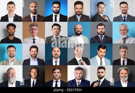 Uomini di età diverse. Ampia collezione di ritratti maschili Foto Stock