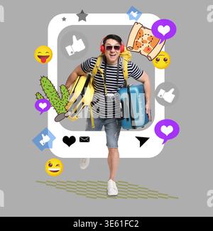 Travel blogger e notifiche su sfondo grigio. Uomo con valigie che stanno per finire dalla cornice dei post sui social media Foto Stock