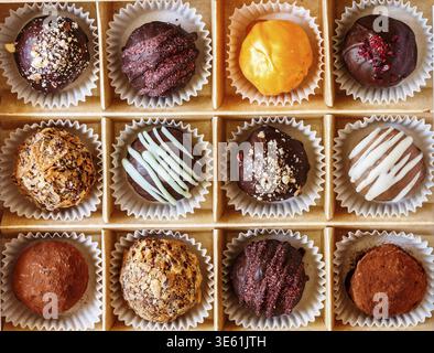 Set di latte e tartufi al cioccolato fondente con noci (mandorle, nocciole, anacardi, arachidi, noci), frutti di bosco (lamponi, fragole, mirtilli, bl Foto Stock