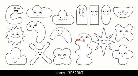 Le linee di personaggi geometrici sono caratterizzate da forme di blob e da un comico espressivo che sorride i più piccoli. Figure astratte giocose occhi emozioni forme stravaganti. Divertente e moderna geometria dei cartoni animati che disegna la felice arte dei volti Illustrazione Vettoriale