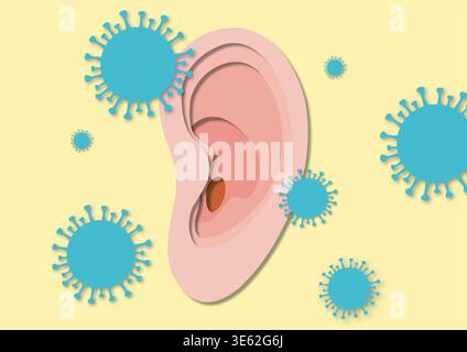 Illustrazione concettuale del coronavirus e dell'acufene. Il virus SARS-CoV-2, ha dimostrato di esacerbare l'acufene, una condizione caratterizzata dalla percezione di suoni che suonano o ronzio senza sorgente esterna. Si pensa che il virus possa peggiorare tinnito attraverso infiammazione, ridotto flusso di sangue all'orecchio interno, o stress psicologico associato alla malattia. Per alcuni, questo peggioramento può persistere come parte di Long Covid. Foto Stock