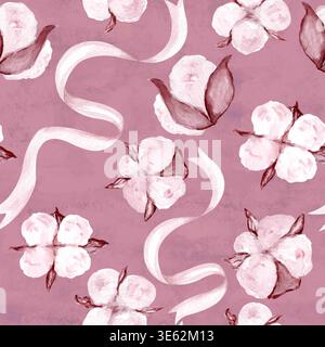 Motivo floreale di cotone senza cuciture con morbidi nastri, acquerello dipinto a mano in tonalità blush su sfondo rosa polvere. Ideale per tessuti e carte da parati Foto Stock