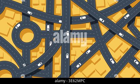 Incrocio stradale dall'alto con le auto. Concept car con strada e incrocio. Mappa generica della città con segni di strade, strade. Astratto Illustrazione Vettoriale
