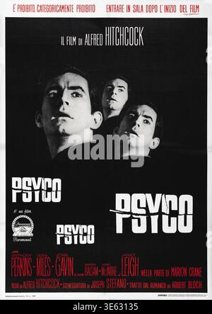 Poster cinematografico per Psycho (1960), Paramount Pictures. Diretto da Alfred Hitchcock, interpretato da Anthony Perkins, vera Miles, John Gavin e Janet Leigh nel ruolo di Marion Crane. Questo poster italiano del 1960 presenta immagini multiple dello sguardo inquietante di Anthony Perkins. Foto Stock