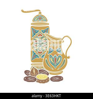 Macinacaffè turco con vaso, datteri. Illustrazione vettoriale disegnata a mano isolata. Per libri di cucina, riviste, caffetterie orientali e. Foto Stock