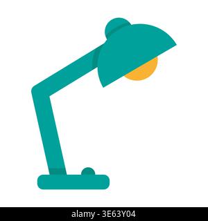 Icona di una lampada da tavolo moderna. Luce da ufficio color ottanio. Lampadina gialla Vector. Mobili da scrivania verdi, arredi interni in stile ufficio. Illustrazione Vettoriale