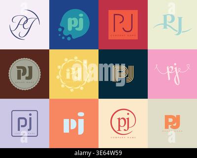 Modello aziendale del logo PJ. Logotipo lettera p e J. Imposta diverse lettere serif classiche e testo moderno in grassetto con elementi di design. Tipog font iniziale Illustrazione Vettoriale