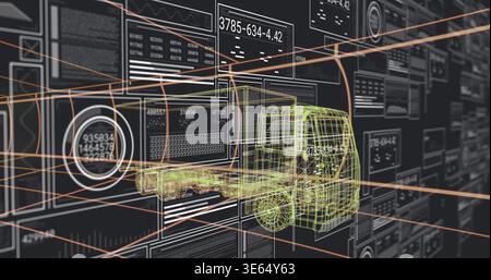 Modello di dumper 3D con struttura a reticolo al neon rotante che galleggia nell'area di lavoro AR, con pannelli dati e indicatore Foto Stock