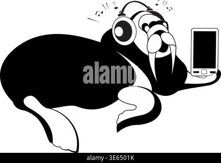 Walrus con cuffie e smartphone. Le cuffie Walrus in ascoltano musica o radio sullo smartphone. Illustrazione in bianco e nero Illustrazione Vettoriale