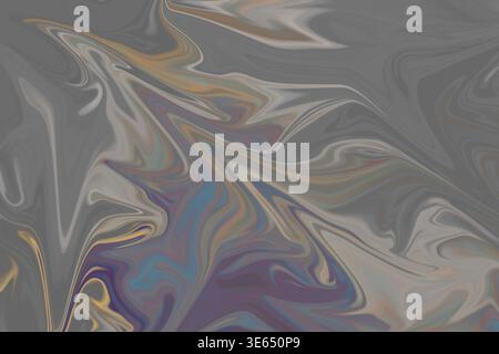 Uno sfondo astratto fluido e vorticoso caratterizzato da colori iridescenti, di ispirazione olio, che si fondono in una base grigio scuro, creando un effetto simile al marmo. Foto Stock