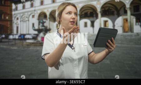 Donna in uniforme bianca tiene la tavoletta, gesti con la mano destra, parlando di fronte alla piazza dell'edificio ad arco; calma istruttiva. Foto Stock