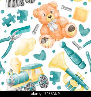 Un motivo perfetto per i bambini. Illustrazioni ad acquerello di giocattoli per bambini in tonalità blu e gialle isolate su un bianco per la stampa su tessuto Foto Stock