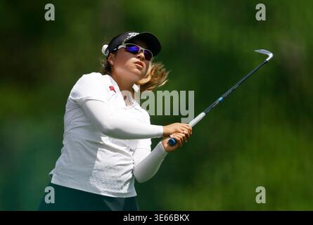 Augusta, Stati Uniti. 4 aprile 2026. Maria Jose Marin colombiana colpisce un tee shot sulla dodicesima buca nell'ultimo round dell'Augusta National Women's Amateur all'Augusta National Golf Club sabato 4 aprile 2026 ad Augusta, Georgia. Marin ha vinto l'Augusta National Women's Amateur con un punteggio di 14 sotto par. Foto di John Angelillo/UPI credito: UPI/Alamy Live News Foto Stock
