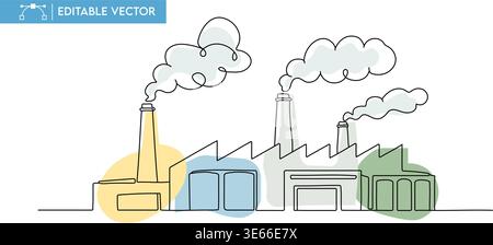 L'edificio della fabbrica industriale si presenta come un'illustrazione vettoriale a linea continua con ciminiere che emettono nuvole su un processo di produzione semplificato. Illustrazione Vettoriale