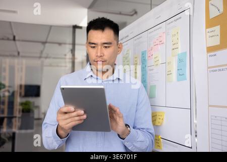Un giovane uomo d'affari concentrato lavora su una piattaforma elettronica vicino a Agile Board Foto Stock