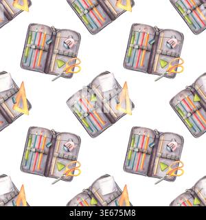 Fantasia senza cuciture, astucci aperti con materiale scolastico. Illustrazione dipinta a mano isolata su bianco. Design luminoso, perfetto per la cancelleria Foto Stock