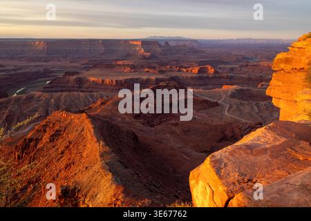 Vista dal Dead Horse Point State Park nello Utah che si affaccia sulle Canyonlands con il fiume Colorado, i canyon di roccia rossa a strati e la calda luce del tramonto Foto Stock