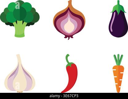 Una vivace raccolta di illustrazioni che presentano una varietà di verdure fresche tra cui broccoli, cipolla, melanzana, aglio, peperoncino e carota. Illustrazione Vettoriale