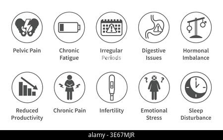 Insieme di icone di salute delle donne che rappresentano i sintomi comuni e le condizioni mediche tra cui dolore pelvico stanchezza periodi irregolari problemi digestivi ormonale i Illustrazione Vettoriale