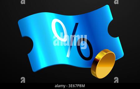 Un buono sconto blu brillante con un segno di percentuale e una moneta dorata su sfondo scuro. Ideale per promuovere vendite e offerte speciali. Illustrazione vettoriale Illustrazione Vettoriale