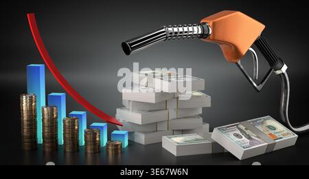 Prezzi del carburante in calo, banconote in dollari e pistola - illustrazione 3d. Foto Stock