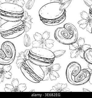 Motivo senza cuciture con macaron e fiori di mandorla. Sfondo vettoriale disegnato a mano. Illustrazione Vettoriale