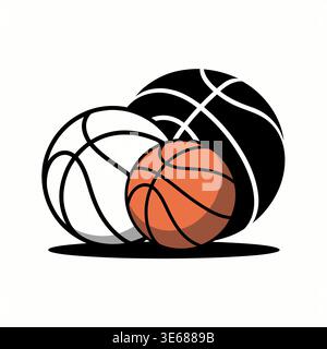 Un'illustrazione grafica con tre palle da basket in diversi colori, tra cui arancione, contorno bianco e nero pieno, ambientata su uno sfondo bianco Illustrazione Vettoriale