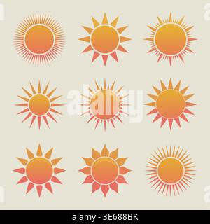 Immagine vettoriale che mostra nove diverse icone solari con colore arancione sfumato su uno sfondo isolato. Illustrazione Vettoriale