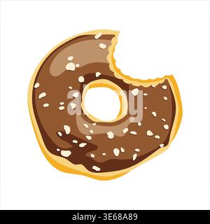 Illustrazione vettoriale piatta di ciambella glassata al cioccolato amaro con cospargimenti, isolata su sfondo bianco per il menu e il design del blog alimentare. Illustrazione Vettoriale