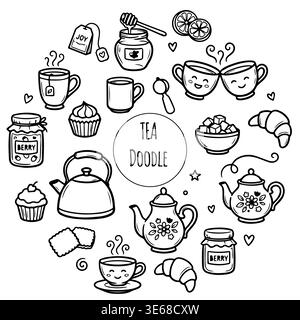 Set per tè e caffè. Icone della linea nera disegnate a mano di teiere, tazze e spezie Illustrazione Vettoriale