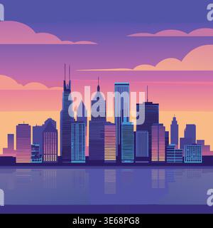 Illustrazione di uno skyline con edifici alti contro un cielo colorato con riflessi sulla superficie dell'acqua, ideale per viaggi o architettura. Illustrazione Vettoriale