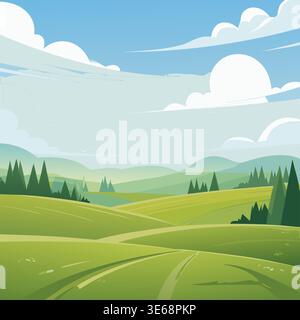 Un'illustrazione paesaggistica in stile cartone animato che presenta colline verdi ondulate, alberi e un cielo blu nuvoloso per l'utilizzo sullo sfondo. Illustrazione Vettoriale