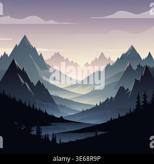Un'illustrazione vettoriale di un paesaggio montano stilizzato con alberi in primo piano e uno sfondo nebbioso e stratificato con nuvole. Illustrazione Vettoriale