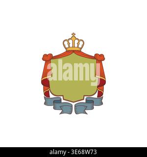 Stemma rustico medievale con stemma con corona e striscione King Monarch Illustrazione Vettoriale