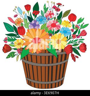 Bouquet di fiori colorati illustrazione disegnata a mano. Cesto floreale multicolore disegnato a mano carino e bello con molti fiori illustrazione disegnata a mano. Illustrazione Vettoriale