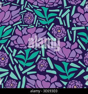 fiori viola con pezzi di vetro su sfondo blu scuro motivo senza cuciture. tinte viola e sfumature fiori con foglie verdi motivo senza cuciture. Illustrazione Vettoriale