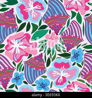 motivo floreale astratto senza cuciture con fiori e foglie colorate in delicate tonalità pastello di rosa, blu e viola su uno sfondo bianco pulito. Illustrazione Vettoriale