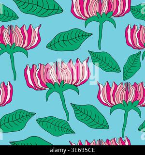 Fiori rosa con sfumature e sfumature con foglie su sfondo blu motivo senza cuciture. Rose rosa colorate con foglie verdi motivo senza cuciture. Illustrazione Vettoriale