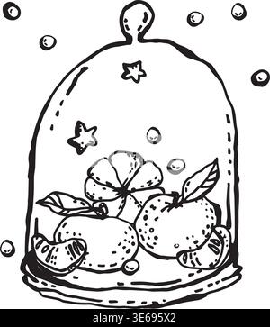Tre mandarini cartoni animati stilizzati in bianco e nero Illustrazione Vettoriale