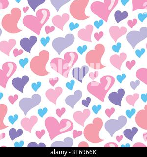 Motivo di San Valentino senza cuciture disegnato a mano con cuori pastello colorati, per lo più rosa. Design divertente e romantico, perfetto per tessuti e carta da imballaggio Illustrazione Vettoriale