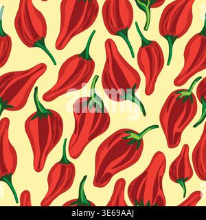 peperoncini rossi su sfondo giallo chiaro motivo senza cuciture. Jalapeno rosso caldo disegnato a mano senza cuciture. Illustrazione Vettoriale