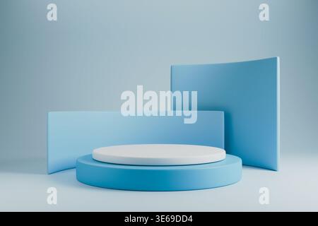 Moderno podio blu con sfondo geometrico curvo Foto Stock