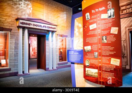 Esposizione della facciata del Hershey Story Museum Chocolate Company Hershey Stati Uniti | HERSHEY, Pennsylvania — Una replica della facciata dell'originale Hershey Chocolate Company si trova accanto a una mostra cronologica biografica all'interno del The Hershey Story Museum. Il display „Try, Try Again“ ripercorre le prime lotte imprenditoriali di Milton S. Hershey, documentando le sue più volte fallimenti a Philadelphia e New York prima della sua svolta con la Lancaster Caramel Company. La ricostruzione architettonica utilizza colonne scanalate classiche e muratura simulata per emulare il design industriale dell'epoca della la Foto Stock