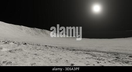 Vista dall'interno del cratere della luna con sole, paesaggio lunare con montagne, copia spazio, illustrazione 3D. Foto Stock