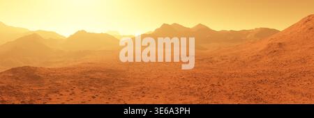 Ampia vista del paesaggio rosso del pianeta marte con montagne e rocce durante il tramonto o l'alba, sfondo per l'esplorazione scientifica o spaziale, illustrazione 3D. Foto Stock
