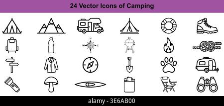 Collezione di icone vettoriali a tema campeggio per attività all'aperto e icone di Gear Vector Camping Illustrazione Vettoriale