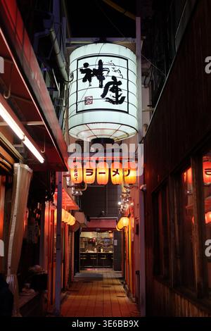 Tradizionali lanterne di carta giapponesi brillano di notte in uno stretto vicolo che conduce ad un ristorante di ramen, il giappone Foto Stock