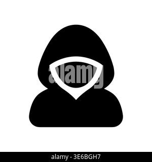 Icona hacker anonima, semplice silhouette nera con cappuccio. Illustrazione Vettoriale