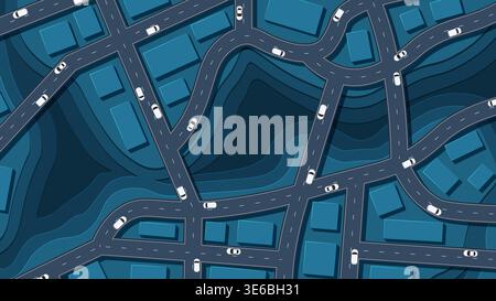 Incrocio stradale dall'alto con le auto. Concept car con strada e incrocio. Mappa generica della città con segni di strade, strade. Astratto Illustrazione Vettoriale