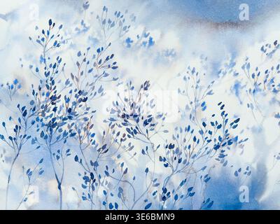 I tratti di erba selvatica astraggono uno sfondo acquerello di un colore Foto Stock